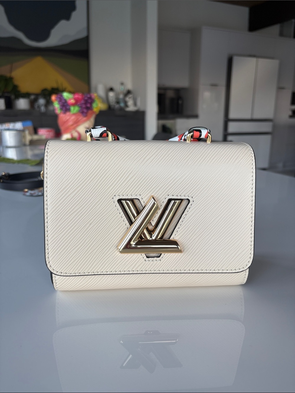 Louis Vuitton Cream Twist Top Handle Mini Bag with Patterned Handle Wrap